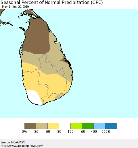 Sri Lanka Seasonal Percent of Normal Precipitation (CPC) Thematic Map For 5/1/2019 - 7/20/2019