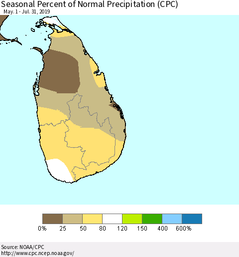 Sri Lanka Seasonal Percent of Normal Precipitation (CPC) Thematic Map For 5/1/2019 - 7/31/2019