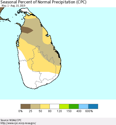 Sri Lanka Seasonal Percent of Normal Precipitation (CPC) Thematic Map For 5/1/2019 - 8/10/2019