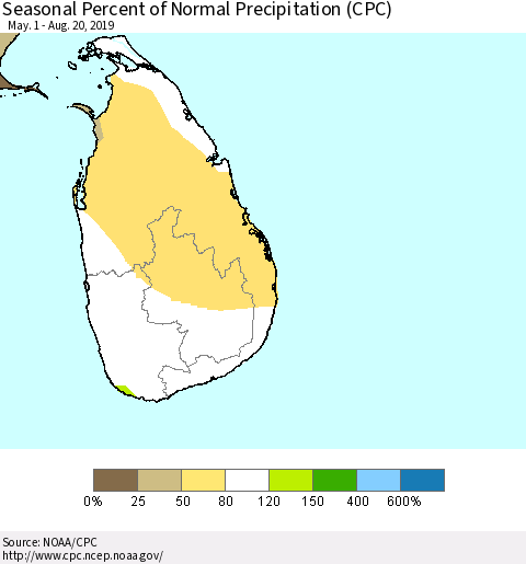 Sri Lanka Seasonal Percent of Normal Precipitation (CPC) Thematic Map For 5/1/2019 - 8/20/2019