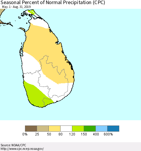Sri Lanka Seasonal Percent of Normal Precipitation (CPC) Thematic Map For 5/1/2019 - 8/31/2019