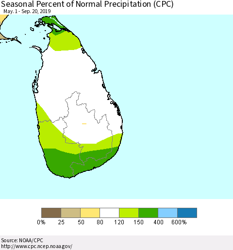 Sri Lanka Seasonal Percent of Normal Precipitation (CPC) Thematic Map For 5/1/2019 - 9/20/2019