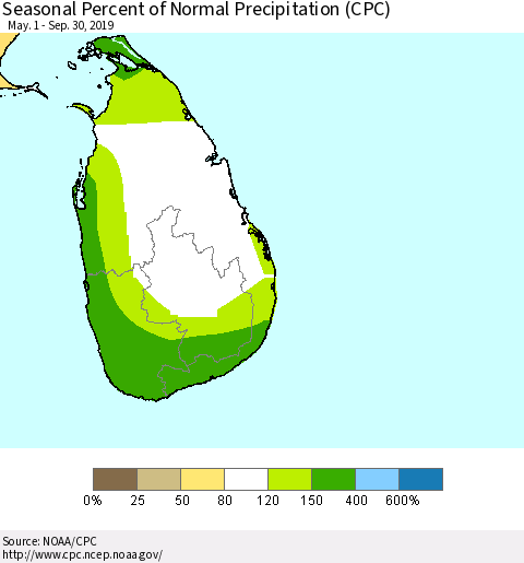 Sri Lanka Seasonal Percent of Normal Precipitation (CPC) Thematic Map For 5/1/2019 - 9/30/2019