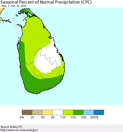 Sri Lanka Seasonal Percent of Normal Precipitation (CPC) Thematic Map For 5/1/2019 - 10/10/2019