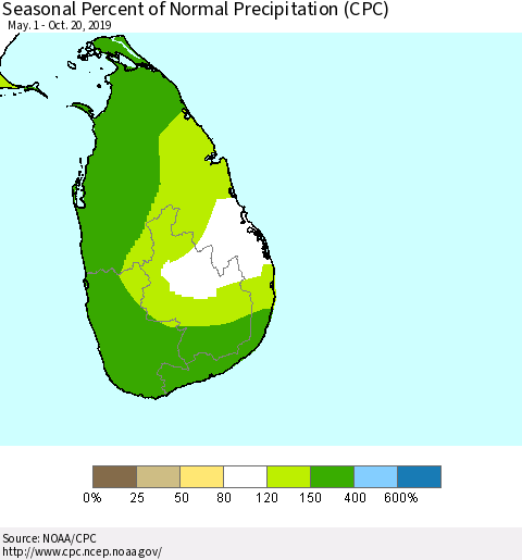 Sri Lanka Seasonal Percent of Normal Precipitation (CPC) Thematic Map For 5/1/2019 - 10/20/2019