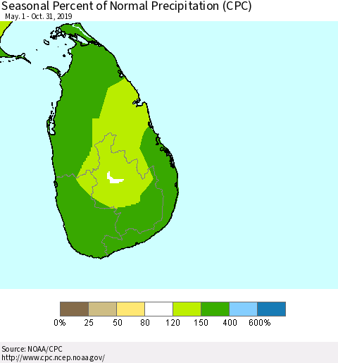Sri Lanka Seasonal Percent of Normal Precipitation (CPC) Thematic Map For 5/1/2019 - 10/31/2019