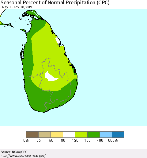 Sri Lanka Seasonal Percent of Normal Precipitation (CPC) Thematic Map For 5/1/2019 - 11/10/2019