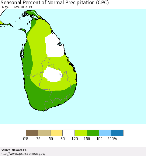 Sri Lanka Seasonal Percent of Normal Precipitation (CPC) Thematic Map For 5/1/2019 - 11/20/2019