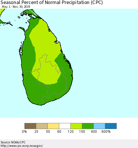 Sri Lanka Seasonal Percent of Normal Precipitation (CPC) Thematic Map For 5/1/2019 - 11/30/2019