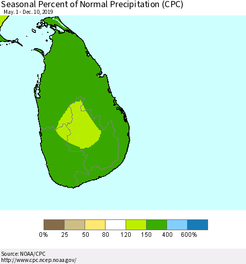 Sri Lanka Seasonal Percent of Normal Precipitation (CPC) Thematic Map For 5/1/2019 - 12/10/2019