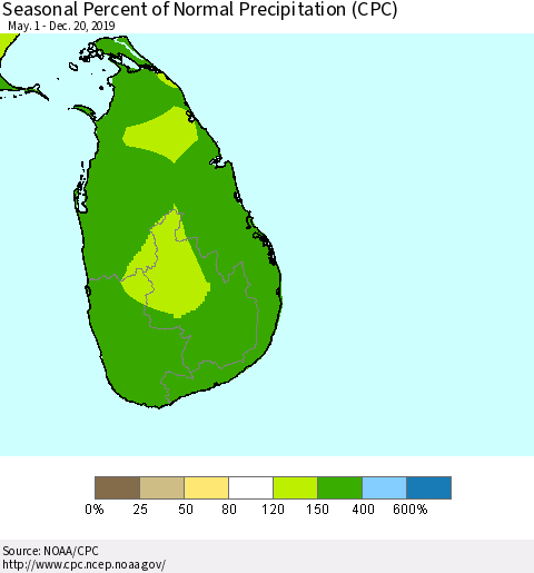 Sri Lanka Seasonal Percent of Normal Precipitation (CPC) Thematic Map For 5/1/2019 - 12/20/2019