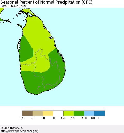 Sri Lanka Seasonal Percent of Normal Precipitation (CPC) Thematic Map For 10/1/2019 - 1/20/2020