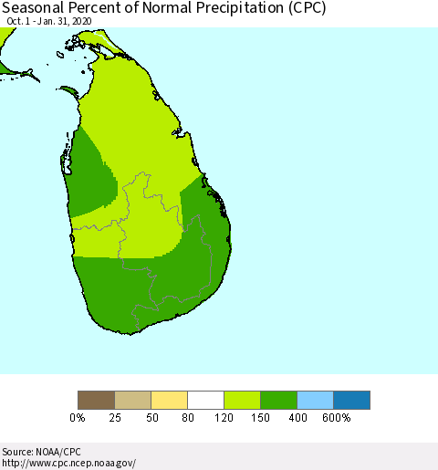 Sri Lanka Seasonal Percent of Normal Precipitation (CPC) Thematic Map For 10/1/2019 - 1/31/2020