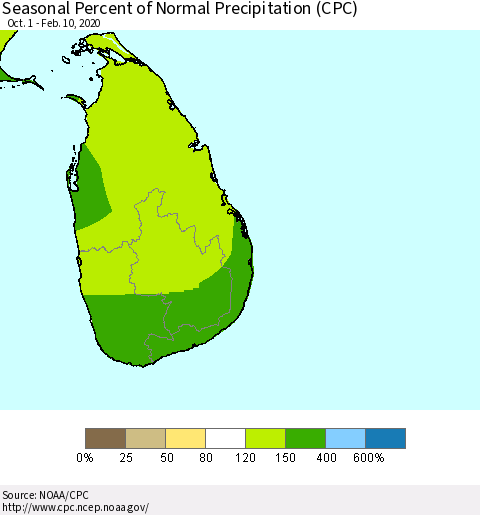 Sri Lanka Seasonal Percent of Normal Precipitation (CPC) Thematic Map For 10/1/2019 - 2/10/2020