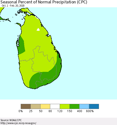 Sri Lanka Seasonal Percent of Normal Precipitation (CPC) Thematic Map For 10/1/2019 - 2/20/2020