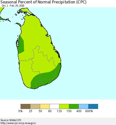 Sri Lanka Seasonal Percent of Normal Precipitation (CPC) Thematic Map For 10/1/2019 - 2/29/2020