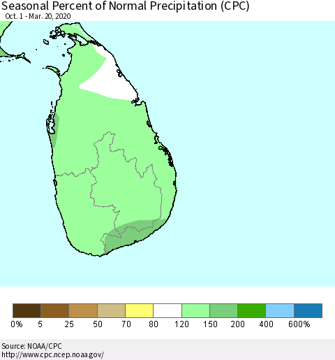 Sri Lanka Seasonal Percent of Normal Precipitation (CPC) Thematic Map For 10/1/2019 - 3/20/2020