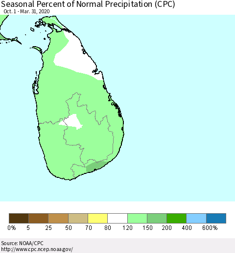 Sri Lanka Seasonal Percent of Normal Precipitation (CPC) Thematic Map For 10/1/2019 - 3/31/2020