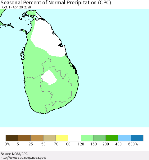 Sri Lanka Seasonal Percent of Normal Precipitation (CPC) Thematic Map For 10/1/2019 - 4/20/2020