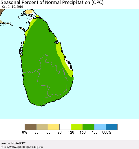 Sri Lanka Seasonal Percent of Normal Precipitation (CPC) Thematic Map For 10/1/2019 - 10/10/2019