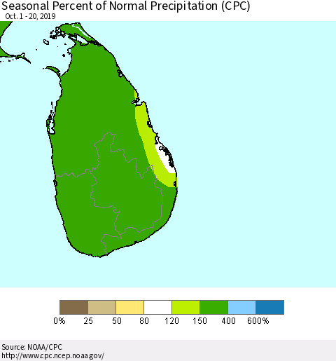 Sri Lanka Seasonal Percent of Normal Precipitation (CPC) Thematic Map For 10/1/2019 - 10/20/2019
