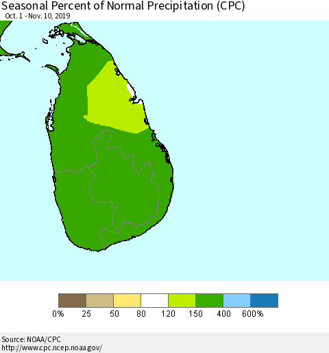 Sri Lanka Seasonal Percent of Normal Precipitation (CPC) Thematic Map For 10/1/2019 - 11/10/2019