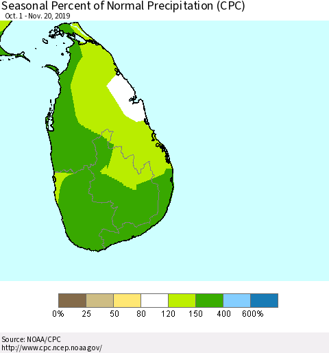 Sri Lanka Seasonal Percent of Normal Precipitation (CPC) Thematic Map For 10/1/2019 - 11/20/2019