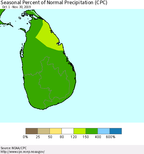 Sri Lanka Seasonal Percent of Normal Precipitation (CPC) Thematic Map For 10/1/2019 - 11/30/2019