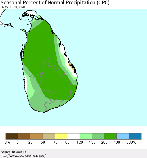 Sri Lanka Seasonal Percent of Normal Precipitation (CPC) Thematic Map For 5/1/2020 - 5/10/2020