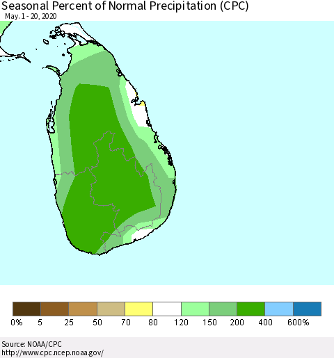 Sri Lanka Seasonal Percent of Normal Precipitation (CPC) Thematic Map For 5/1/2020 - 5/20/2020