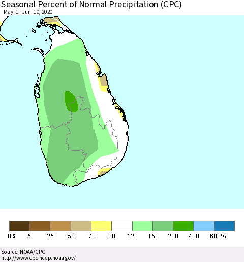 Sri Lanka Seasonal Percent of Normal Precipitation (CPC) Thematic Map For 5/1/2020 - 6/10/2020