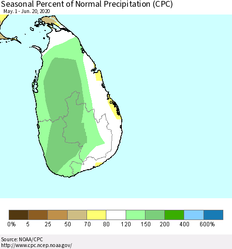 Sri Lanka Seasonal Percent of Normal Precipitation (CPC) Thematic Map For 5/1/2020 - 6/20/2020