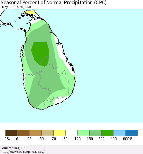 Sri Lanka Seasonal Percent of Normal Precipitation (CPC) Thematic Map For 5/1/2020 - 6/30/2020