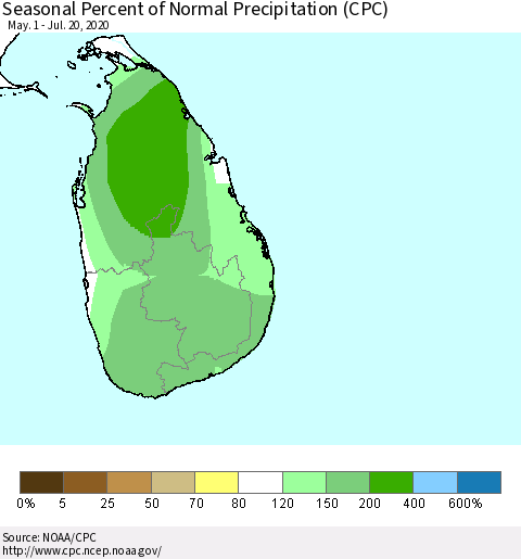 Sri Lanka Seasonal Percent of Normal Precipitation (CPC) Thematic Map For 5/1/2020 - 7/20/2020