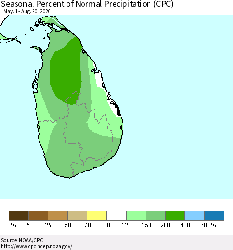 Sri Lanka Seasonal Percent of Normal Precipitation (CPC) Thematic Map For 5/1/2020 - 8/20/2020