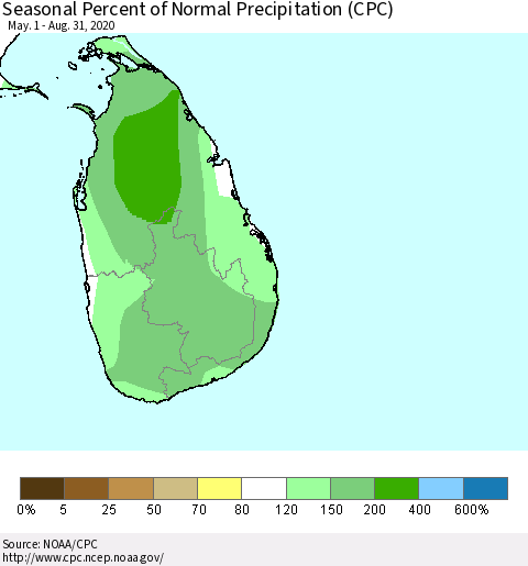 Sri Lanka Seasonal Percent of Normal Precipitation (CPC) Thematic Map For 5/1/2020 - 8/31/2020