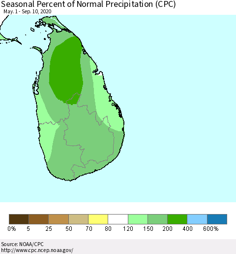 Sri Lanka Seasonal Percent of Normal Precipitation (CPC) Thematic Map For 5/1/2020 - 9/10/2020