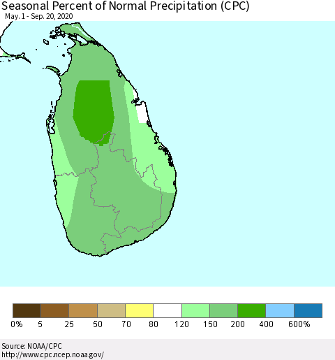 Sri Lanka Seasonal Percent of Normal Precipitation (CPC) Thematic Map For 5/1/2020 - 9/20/2020