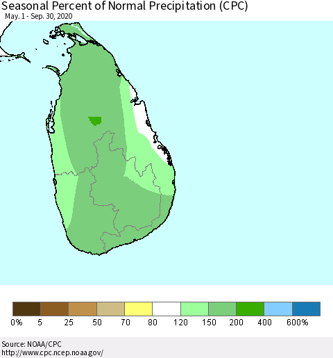 Sri Lanka Seasonal Percent of Normal Precipitation (CPC) Thematic Map For 5/1/2020 - 9/30/2020
