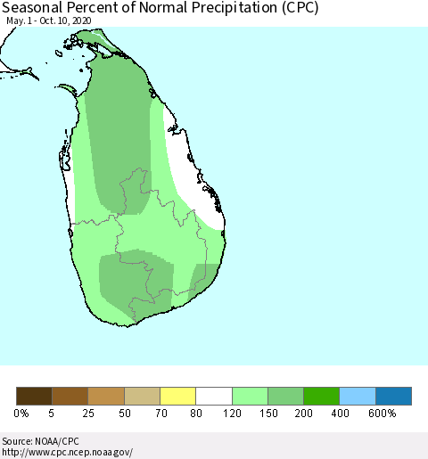 Sri Lanka Seasonal Percent of Normal Precipitation (CPC) Thematic Map For 5/1/2020 - 10/10/2020
