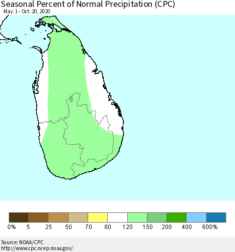 Sri Lanka Seasonal Percent of Normal Precipitation (CPC) Thematic Map For 5/1/2020 - 10/20/2020