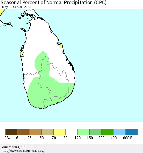 Sri Lanka Seasonal Percent of Normal Precipitation (CPC) Thematic Map For 5/1/2020 - 10/31/2020