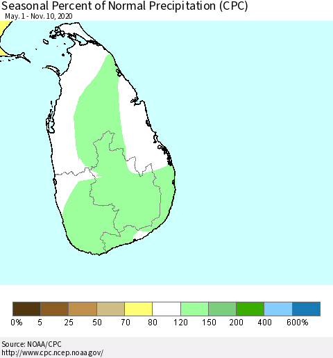 Sri Lanka Seasonal Percent of Normal Precipitation (CPC) Thematic Map For 5/1/2020 - 11/10/2020
