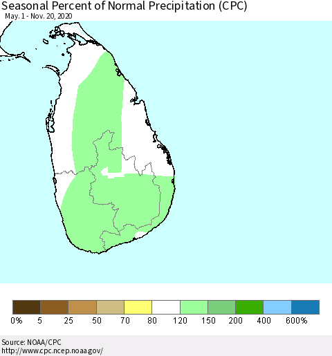 Sri Lanka Seasonal Percent of Normal Precipitation (CPC) Thematic Map For 5/1/2020 - 11/20/2020