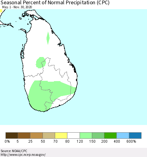 Sri Lanka Seasonal Percent of Normal Precipitation (CPC) Thematic Map For 5/1/2020 - 11/30/2020