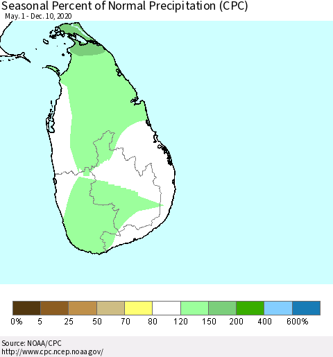 Sri Lanka Seasonal Percent of Normal Precipitation (CPC) Thematic Map For 5/1/2020 - 12/10/2020