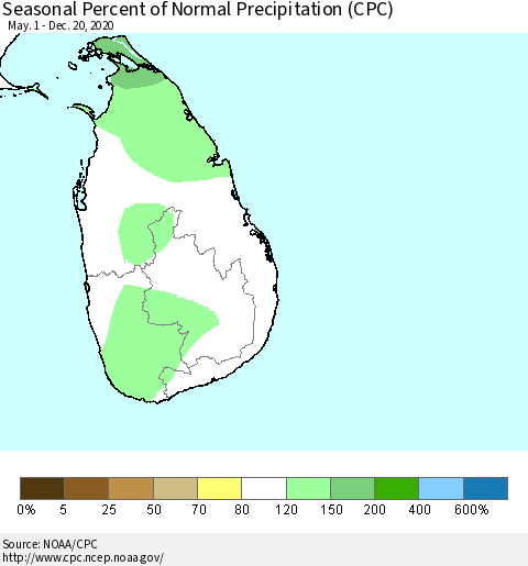 Sri Lanka Seasonal Percent of Normal Precipitation (CPC) Thematic Map For 5/1/2020 - 12/20/2020