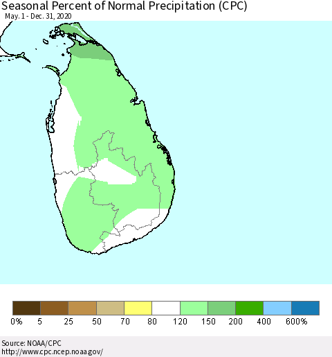 Sri Lanka Seasonal Percent of Normal Precipitation (CPC) Thematic Map For 5/1/2020 - 12/31/2020