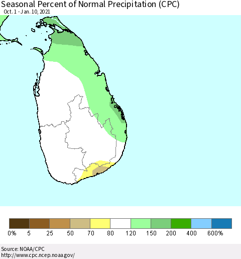 Sri Lanka Seasonal Percent of Normal Precipitation (CPC) Thematic Map For 10/1/2020 - 1/10/2021