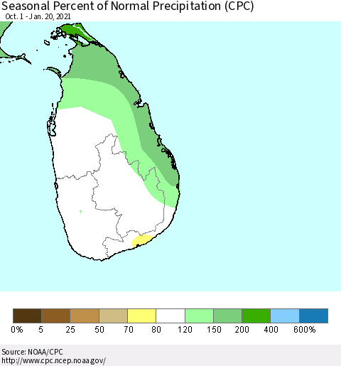 Sri Lanka Seasonal Percent of Normal Precipitation (CPC) Thematic Map For 10/1/2020 - 1/20/2021